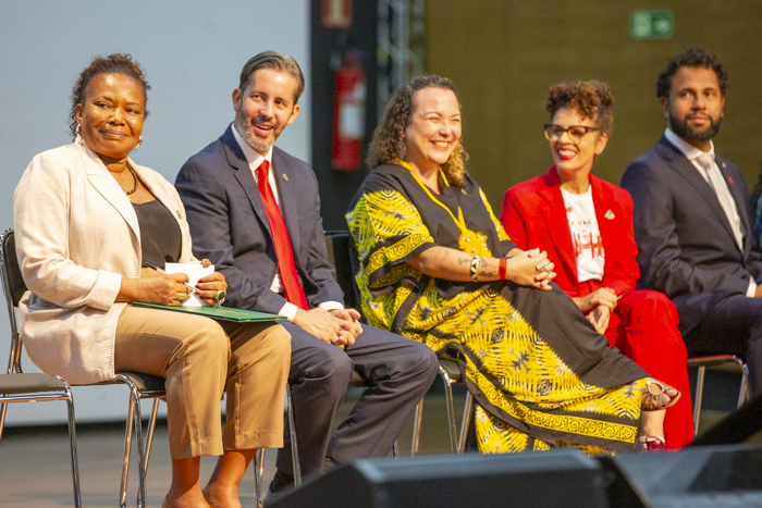Ministra Magareth Menezes e presidente do Iphan Leandro Grass integraram a mesa de abertura do Fórum. Foto: Raquel Aviani/Secom UnB